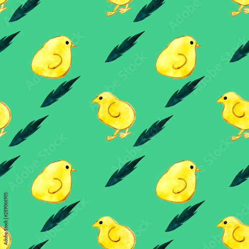 Seamless pattern with hand-drawn chickens on a beautiful green background
