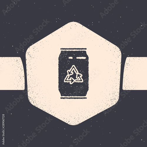 Grunge Can with recycle symbol and can icon isolated on grey background. Trash can icon. Garbage bin sign. Recycle basket sign. Monochrome vintage drawing. Vector Illustration