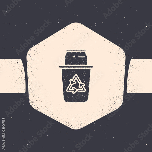 Grunge Recycle bin with recycle symbol and can icon isolated on grey background. Trash can icon. Garbage bin sign. Recycle basket sign. Monochrome vintage drawing. Vector Illustration