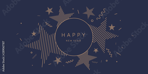 Template to embed greetings. Background with the inscription Happy New Year. Vector illustration with gold lines.