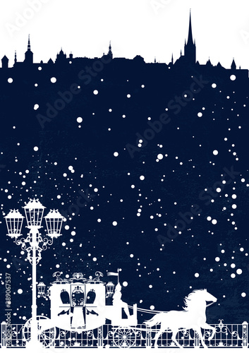 winter scene in medieval city with carriage and streetlight - fairy tale christmas vector background