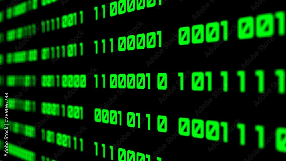 Binary code background with digits on screen. Algorithm binary, data code, decryption and encoding. Deep of field effect. Seamless loop abstract background. Binary code background with digits on screen. Algorithm binary, data code, decryption and encoding. Deep of field effect. Seamless loop abstract background.