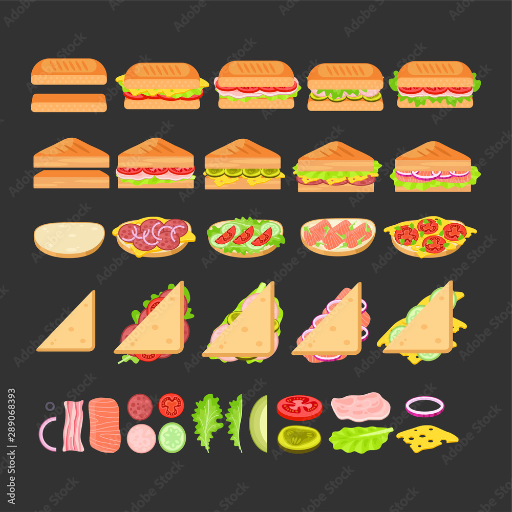 Sandwich flat style vector set for menu.