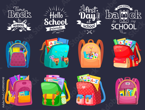 Back to school and first day in college, squared page with backpack. Chancellery in bag, pen and notebook, paints and tassel, knowledge symbol vector. Set of backpaks. Flat cartoon isometric 3d
