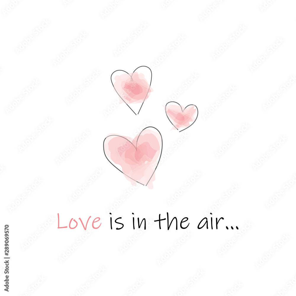 Love is in the air label. Three hearts with water color.