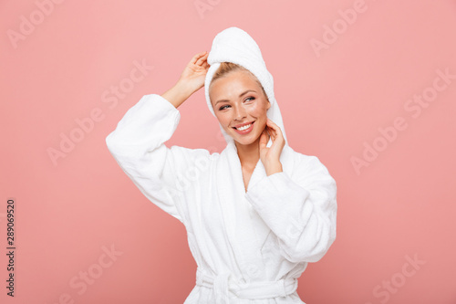 Canvastavla Arttractive young woman wearing bathrobe and towel