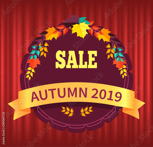 Promotional banner with stripe and foliage vector, autumn sale 2019 with discounts and clearance. Propositions form shops and stores, natural products. Red curtain theater background