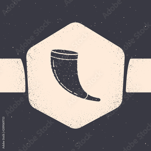 Grunge Traditional ram horn, shofar icon isolated on grey background. Rosh hashanah, jewish New Year holiday traditional symbol. Monochrome vintage drawing. Vector Illustration