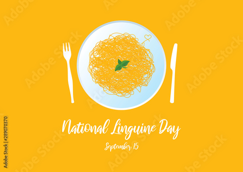 National Linguine Day vector. Plate of spaghetti vector. Pasta isolated on a yellow background. Pasta with basil icon. Linguine Day Poster, September 15. Important day