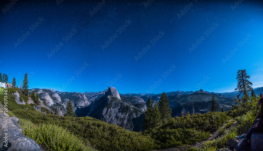 Panoramic at night of Yosemite from Glacier Point. California, United States