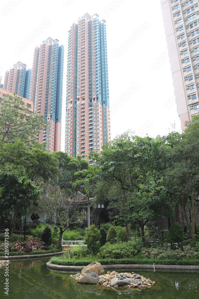 Fototapeta premium Tours d'habitations et parc du quartier de Kowloon à Hong Kong 