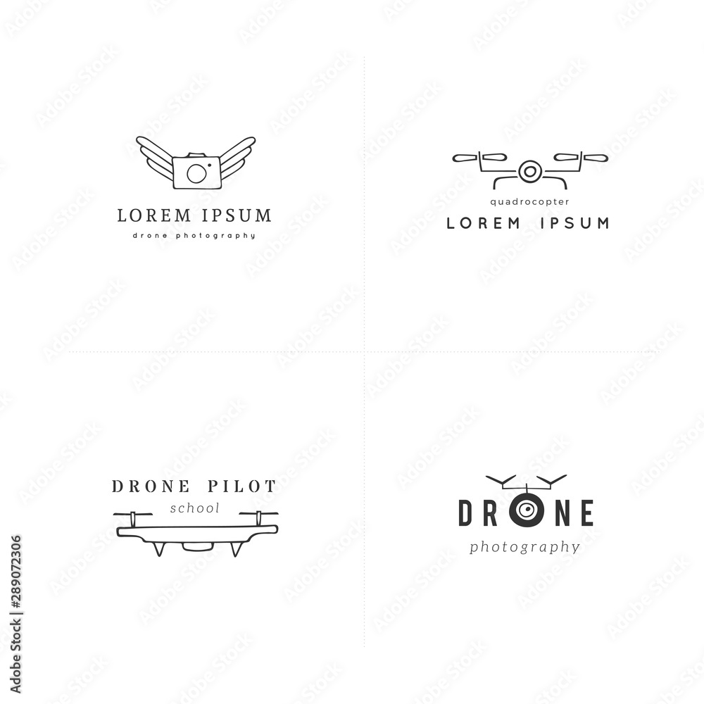 Fototapeta premium Camera drones. Aerial photography. Set of hand drawn vector logo templates.