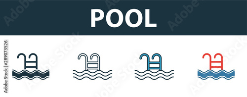 Pool icon set. Four elements in diferent styles from real estate icons collection. Creative pool icons filled, outline, colored and flat symbols