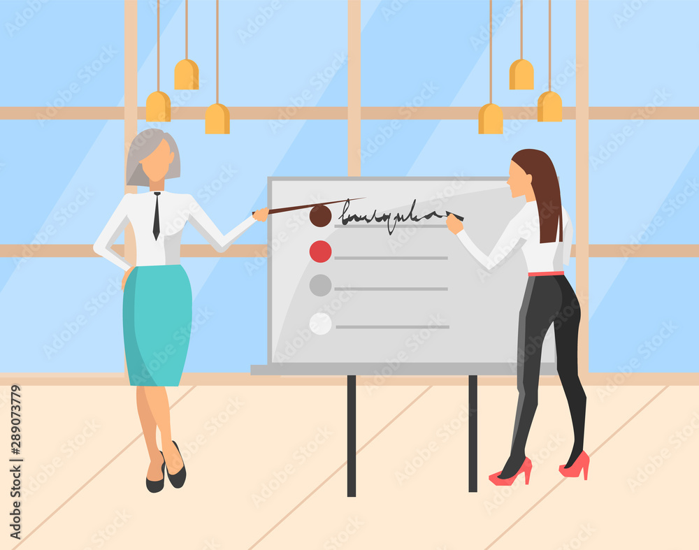 Naklejka premium People presenting new strategy plan for company vector, woman with whiteboard and inscriptions. Woman wearing formal clothes, teamwork of ladies office. Modern office with big windows