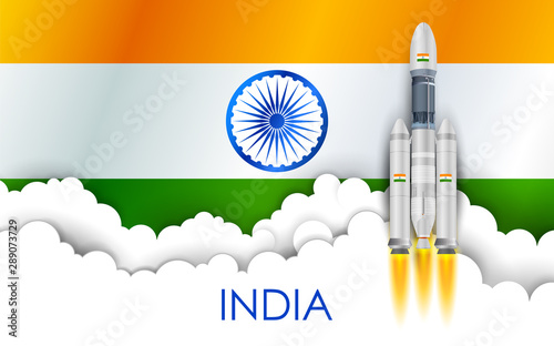 illustration of Chandrayaan rocket mission launched by India with tricolor Indian flag