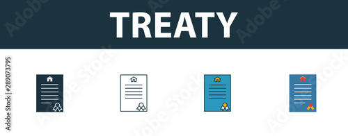 Treaty icon set. Four elements in diferent styles from real estate icons collection. Creative treaty icons filled, outline, colored and flat symbols