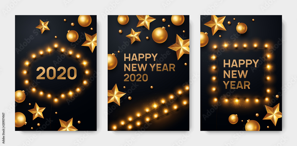 Happy New Year 2020 greeting card set. Backgrounds with lights and golden decorations.