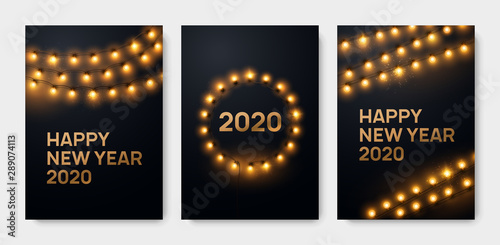 Happy New Year 2020 greeting card set. Backgrounds with lights and golden decorations.