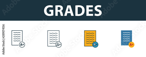 Grades icon set. Four elements in diferent styles from school icons collection. Creative grades icons filled, outline, colored and flat symbols
