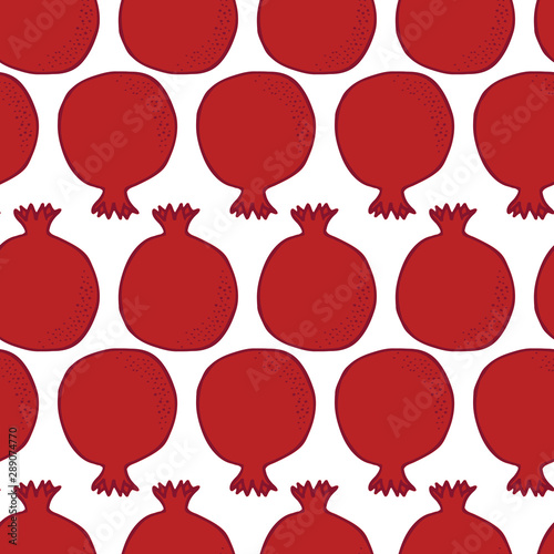 Many scattered pomegranetes, leaves and seeds. Vector seamless pattern for cards, prints, banners. Symbol of Rosh Hashanah, jewesh New Year. 