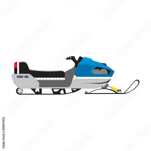 Snowmobile side view yellow outdoor travel recreation snowy transport. Power ride equipment winter atv vector vehicle