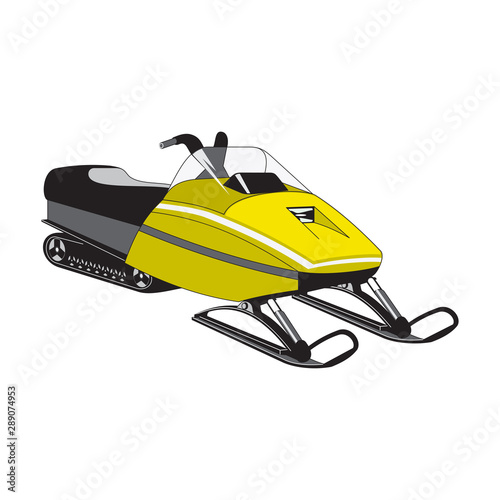 Snowmobile side view yellow outdoor travel recreation snowy transport. Power ride equipment winter atv vector vehicle