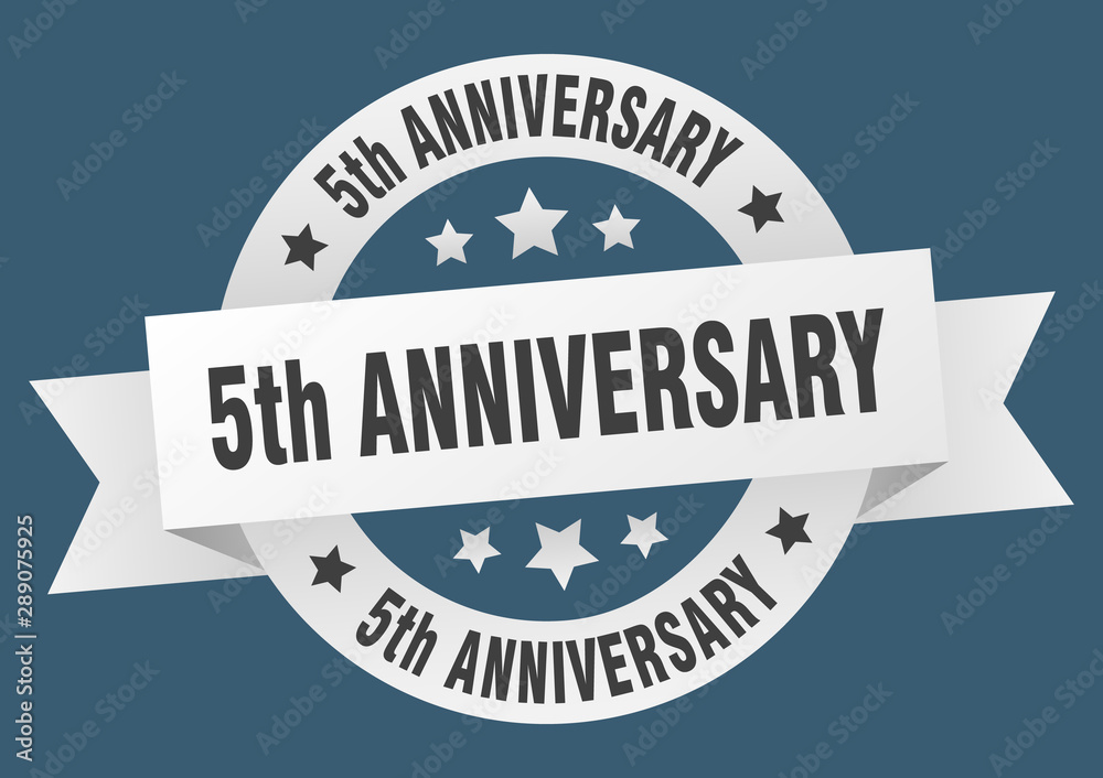 Fototapeta premium 5th anniversary ribbon. 5th anniversary round white sign. 5th anniversary