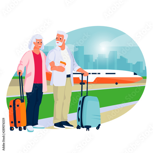 Elderly couple travel by airplane. Vector flat cartoon illustration of tourism and vacation for pensioners and seniors