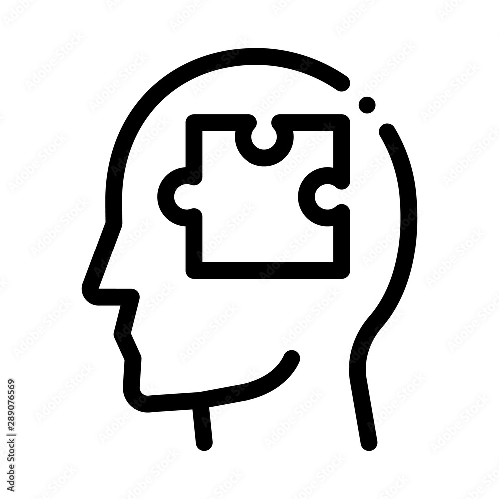 Puzzle Detail In Man Silhouette Mind Vector Icon Thin Line. Gear And Brain, Heart And Shield, Padlock And Coin Concept Linear Pictogram. Black And White Template Contour Illustration Puzzle Detail In Man Silhouette Mind Vector Icon Thin Line. Gear And Brain, Heart And Shield, Padlock And Coin Concept Linear Pictogram. Black And White Template Contour Illustration