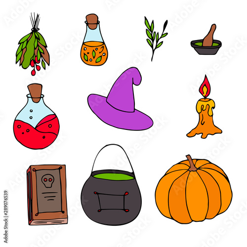 Halloween magic objects collection. Color outline elements for ritual. Hand drawn holiday set.