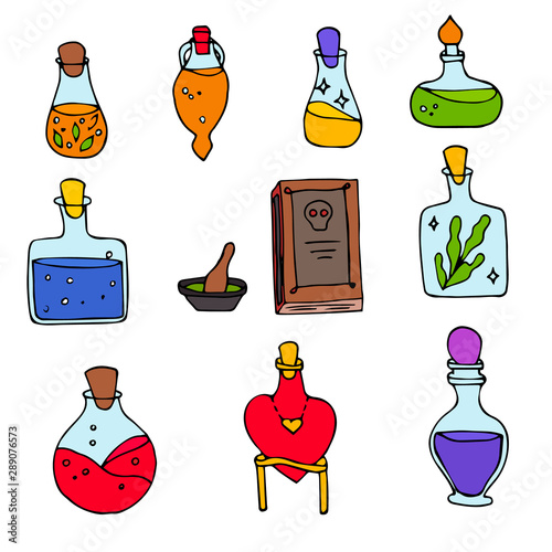 Halloween magic objects set. Vector elements for ritual. Hand drawn potion collection. 