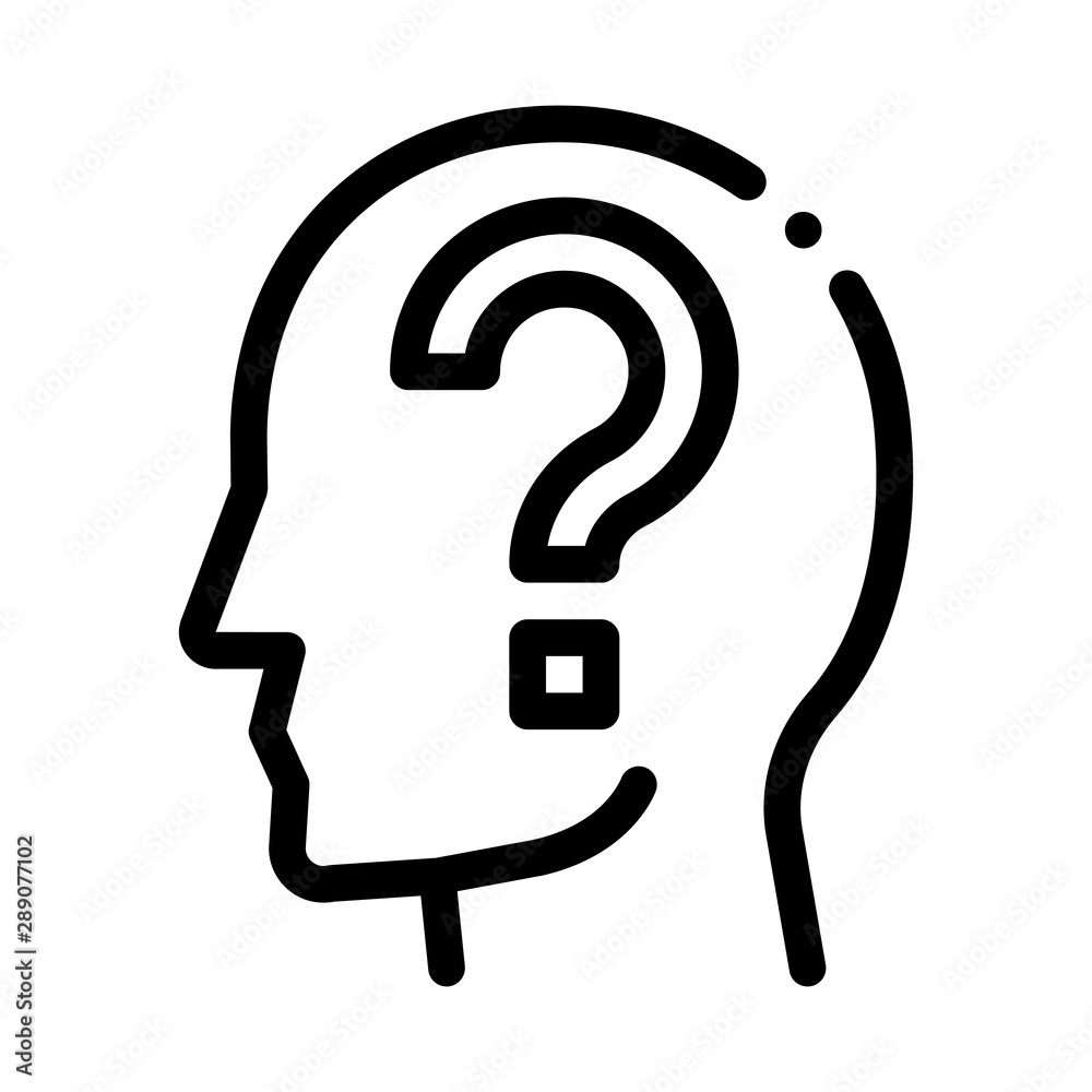 Question Mark In Man Silhouette Mind Vector Icon Thin Line. Gear And Brain, Heart And Shield, Padlock And Coin Concept Linear Pictogram. Black And White Template Contour Illustration