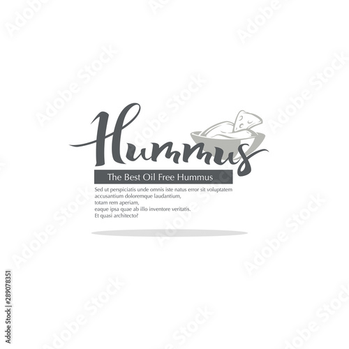 Hummus, vector logo teplate with lettering composition and plate full of hummus