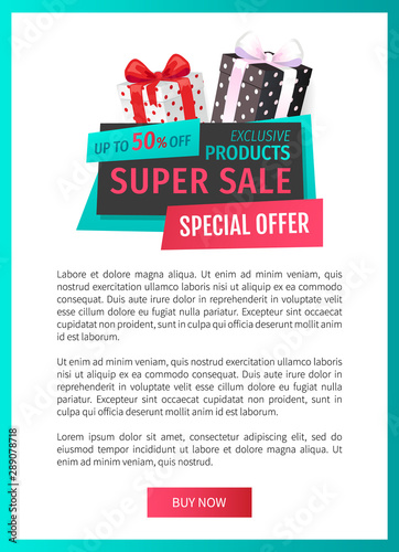 Up 50 percent reduction of price, discount label with presents web page template vector. Premium gifts with special offers. Exclusive products sellout