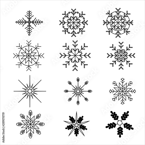 Black snowflakes collection isolated on white background. Flat snow icons. Snow flakes silhouette. Cute element for christmas cards  poster  banner  New year and winter ornament.   RGB