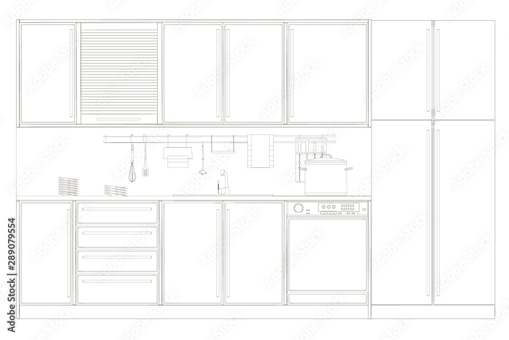 Fototapeta premium Contour of a modern kitchen with stove, fridge and kitchenware. Front view. Vector illustration.