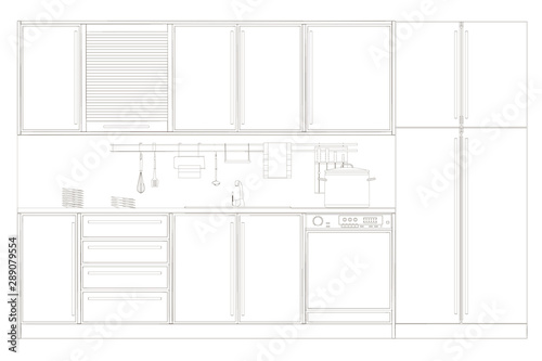 Contour of a modern kitchen with stove, fridge and kitchenware. Front view. Vector illustration. © German Ovchinnikov