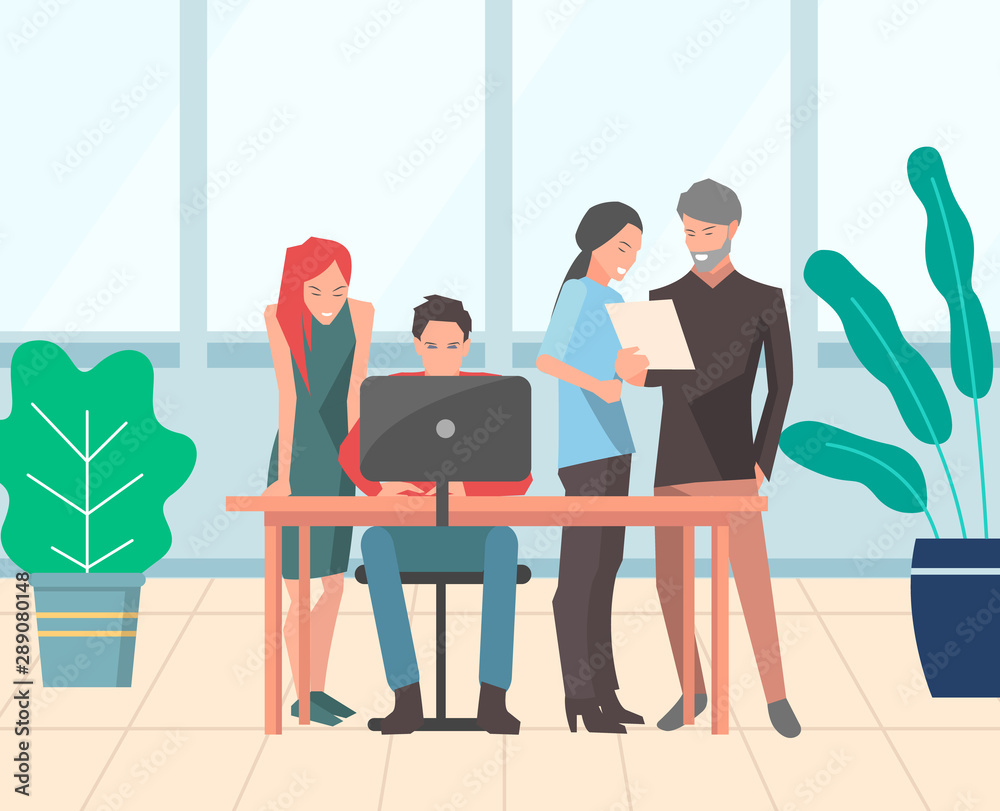 Brainstorming team in office vector, man and woman working on laptop. Workers thinking on task, computer development and planning of strategy flat style. Modern office with big windows Brainstorming team in office vector, man and woman working on laptop. Workers thinking on task, computer development and planning of strategy flat style. Modern office with big windows