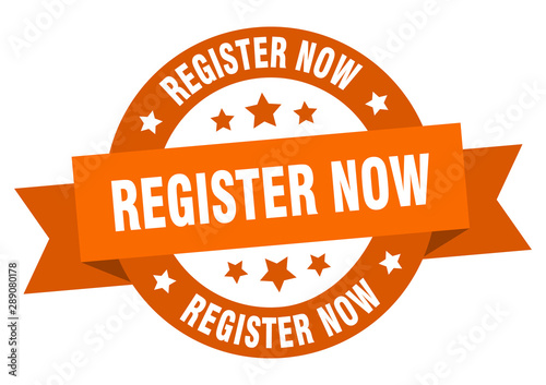 register now ribbon. register now round orange sign. register now
