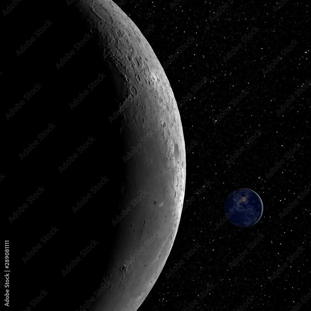 Obraz premium Closeup of the Moon and the small planet Earth against starry night sky background, elements of this image furnished by NASA