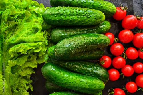 Composition with assorted fresh organic vegetables. Assorted fresh vegetables and fruits. Place for text. Cucumbers, lettuce. Food on a dark table background.