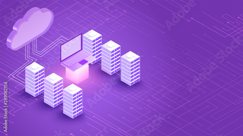 3D illustration of cloud server connected with database and laptop between glowing rays on purple digital circuit background.