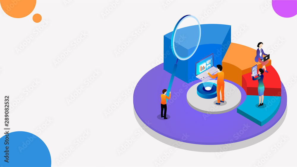 3D isometric illustration of pie chart, magnifying glass and business analytics analysis the data for Financial growth or data analysis concept web banner design.