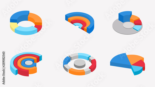3D isometric illustration of colorful pie chart collection on white background.