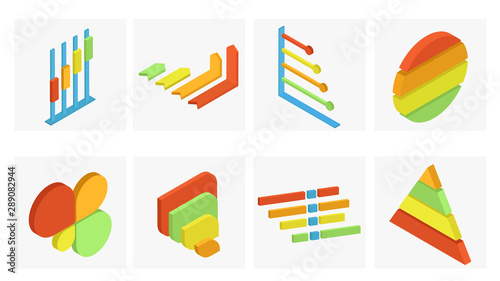 Isometric set of business infographic element in different color.