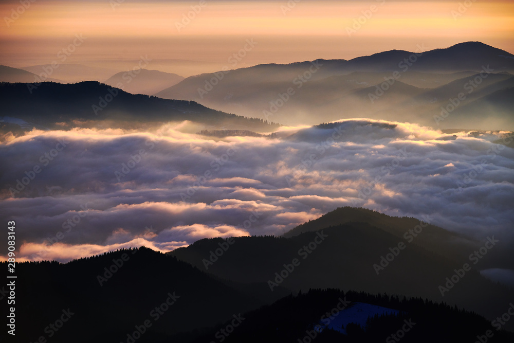 Amazing sunrise view from Ceahlău Mountains National in winter season, Winter Landscape in National Park Ceahlau