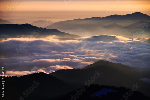 Amazing sunrise view from Ceahlău Mountains National in winter season, Winter Landscape in National Park Ceahlau