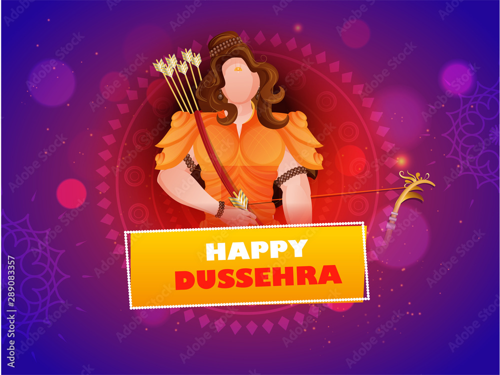 Happy Dussehra celebration poster design with illustration of Hindu Mythology Lord Rama on purple lighting effect background.