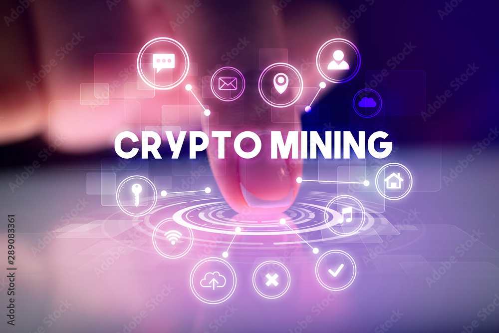 Finger touching tablet with web technology icons and CRYPTO MINING inscription, web technology concept Finger touching tablet with web technology icons and CRYPTO MINING inscription, web technology concept