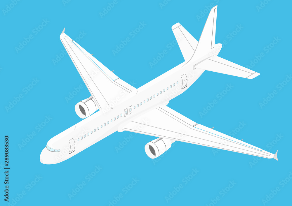 White modern twin-engine airliner. Isometric view. Flat vector.